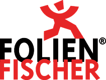 Logo Sichtschutzfolien: Stilisiertes rotes Folienmännchen läuft über Firmenschriftzug FolienFischer